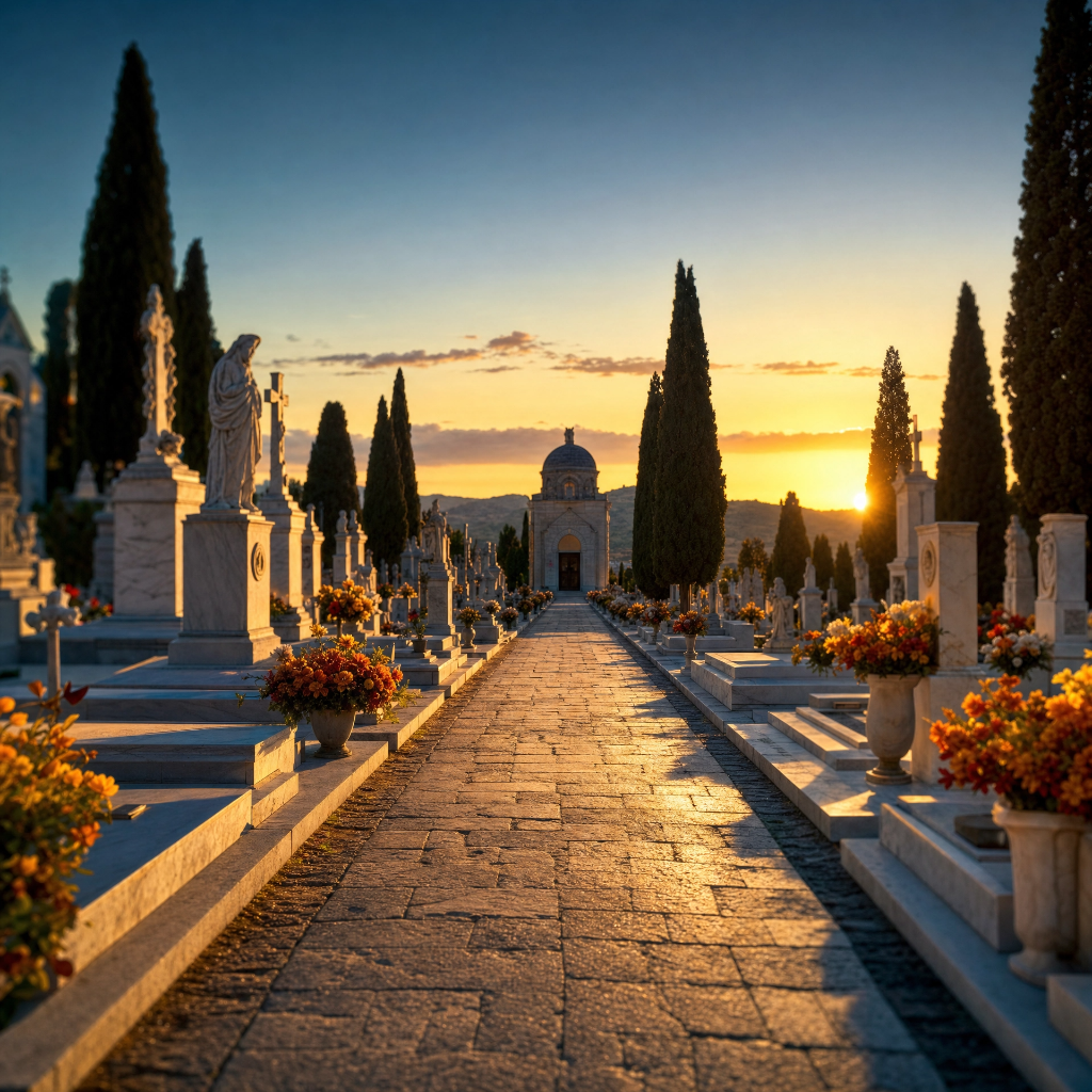 Viale del cimitero italiano al tramonto con cipressi e cappella