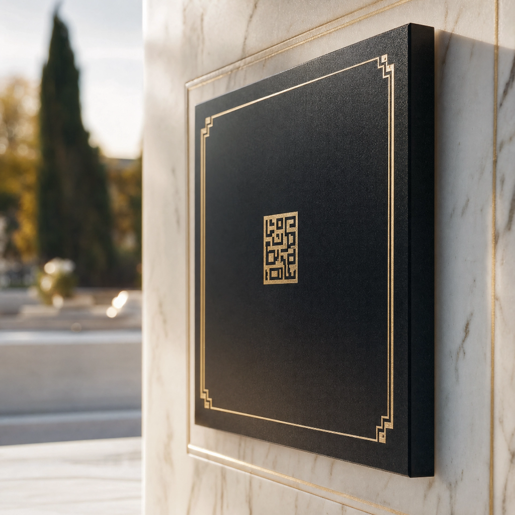 Targhetta QR Code premium con cornice dorata installata su lapide in marmo