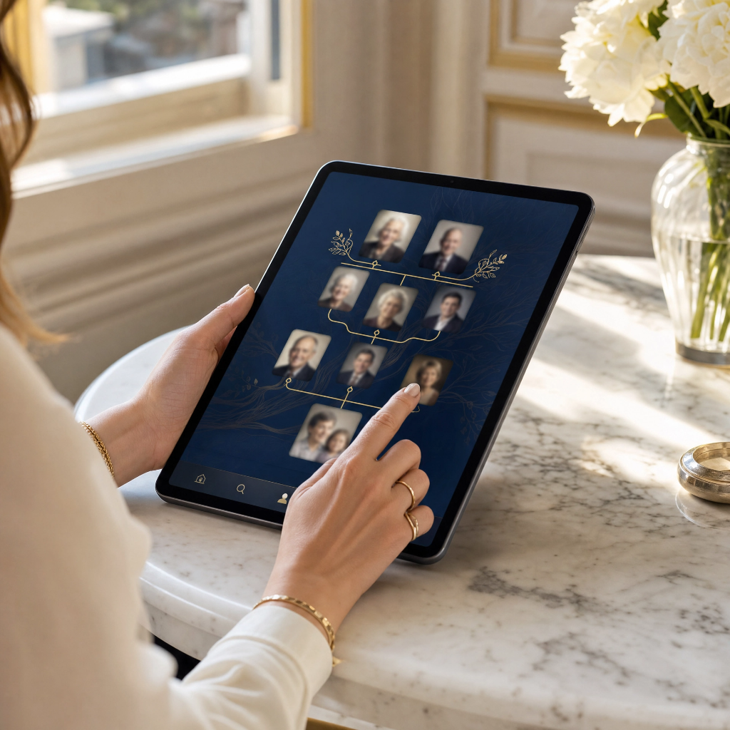Memoriale digitale della famiglia su tablet — albero genealogico e foto storiche