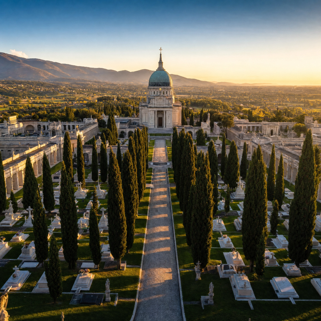 Cimitero italiano digitalizzato — vista aerea con cappella, viali e cipressi