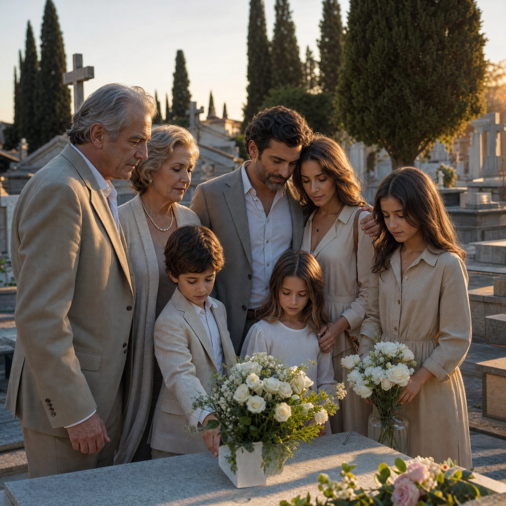 Famiglia italiana di tre generazioni che visita la tomba al cimitero — rispetto e continuità