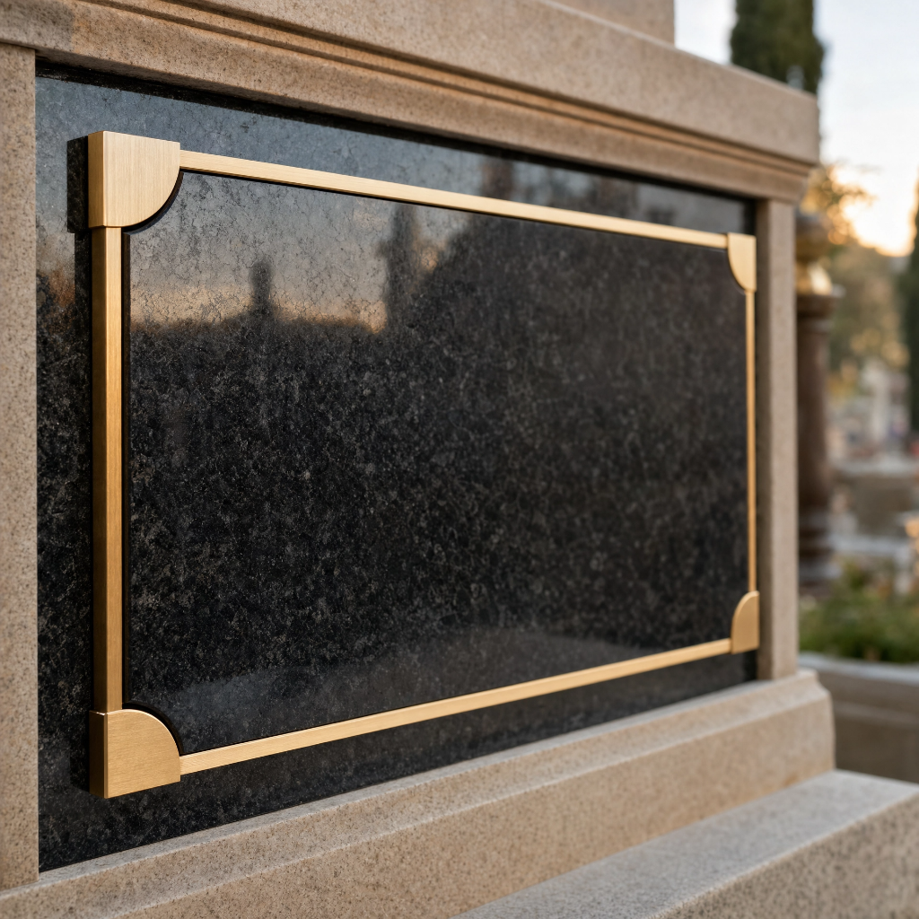 Targhetta memorial premium in granito nero con cornice dorata installata su loculo