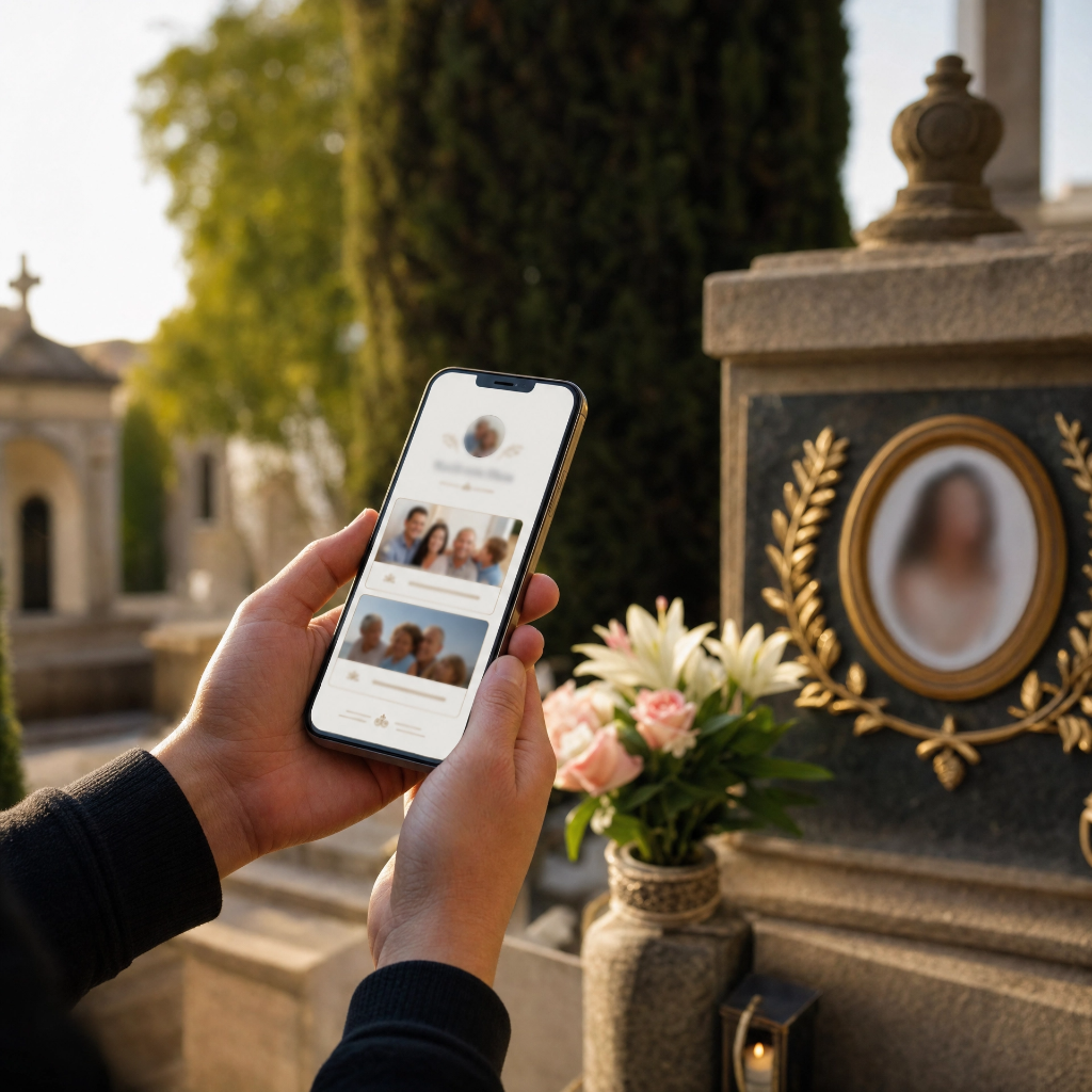 Ricerca del defunto tramite smartphone davanti alla lapide nel cimitero