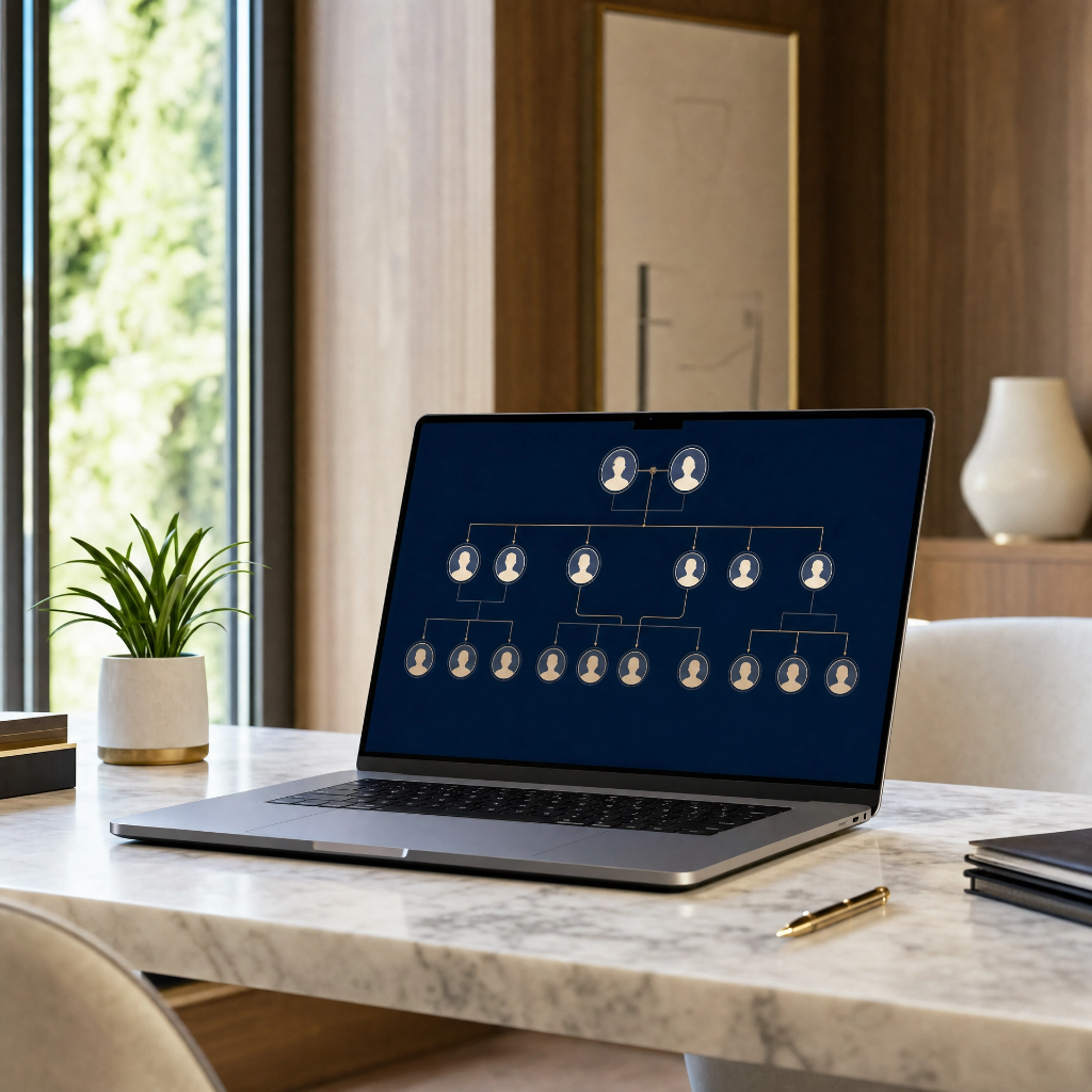 Albero genealogico italiano su laptop — ricostruzione digitale della storia familiare