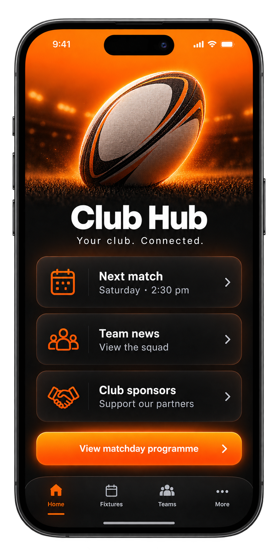 Club Hub app screen for sports clubs