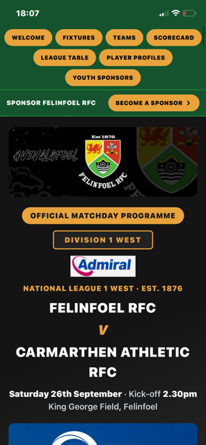 Felinfoel RFC matchday programme screen