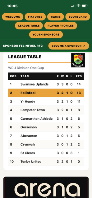 League table screen