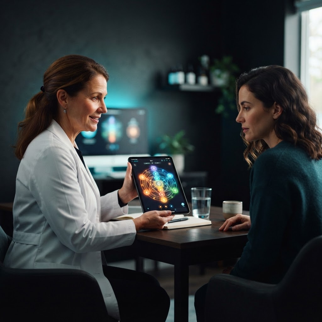 Terapeuta holística mostrando a análise integrativa no tablet Thera-X