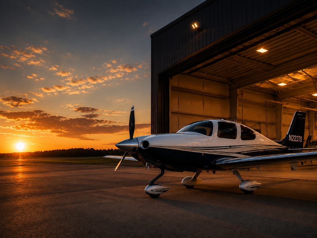 Aircraft in hangar at sunset
