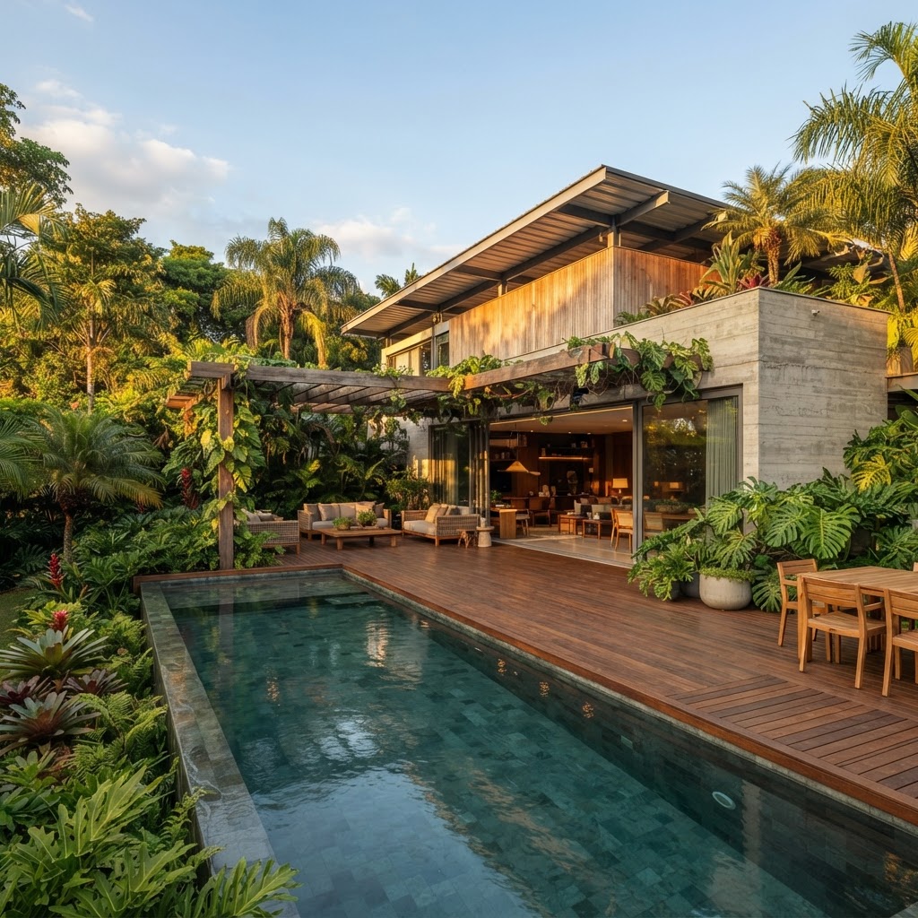 Casa residencial brasileira moderna com piscina, deck de madeira e pergolado ao fim de tarde