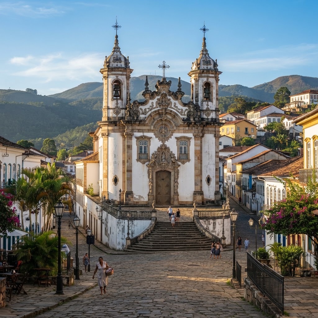 Igreja colonial em cidade histórica brasileira com paredes caiadas, portal ornamentado e torres sineiras