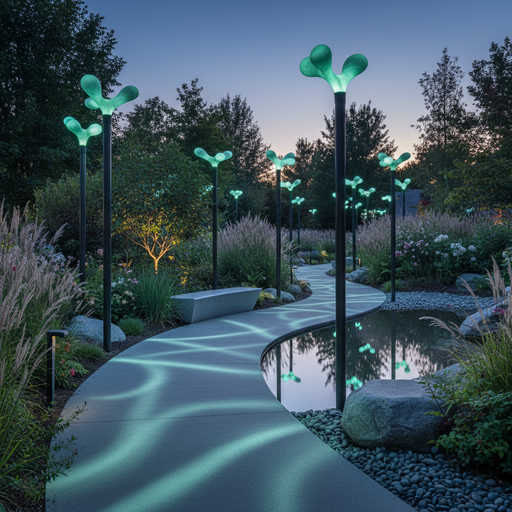 Jardim iluminado com luzes bioluminescentes, integração natural e arquitetura.