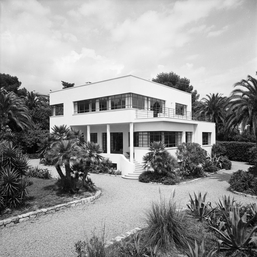Villa modernista dos anos 1930 com telhado plano e janelas em fita em fotografia de época