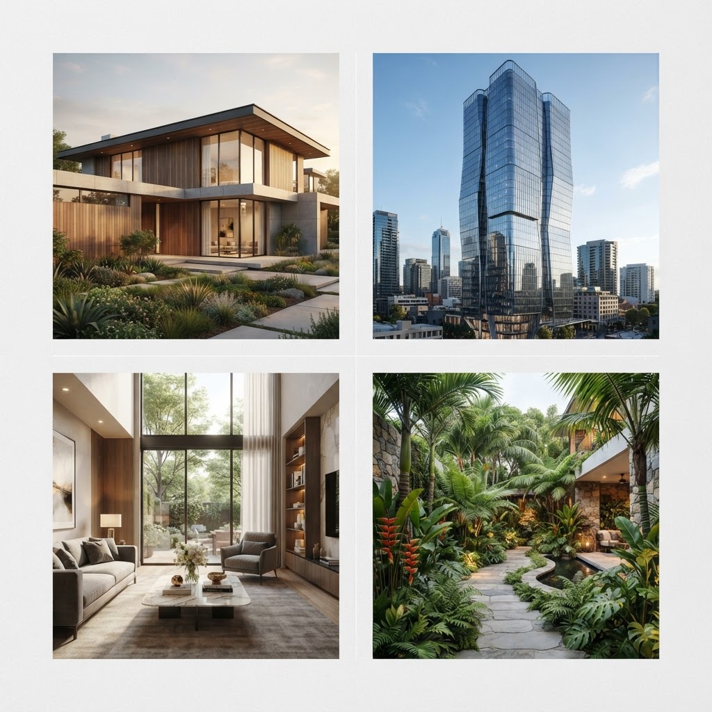 Casa residencial, edifício comercial, interior projetado e jardim paisagístico reunidos em uma composição