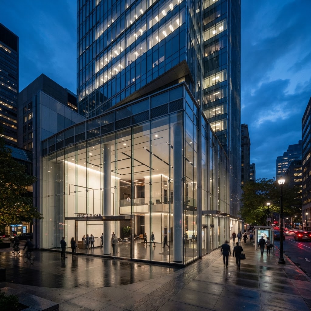 Edifício corporativo de vidro com lobby de pé-direito duplo visível da rua ao anoitecer