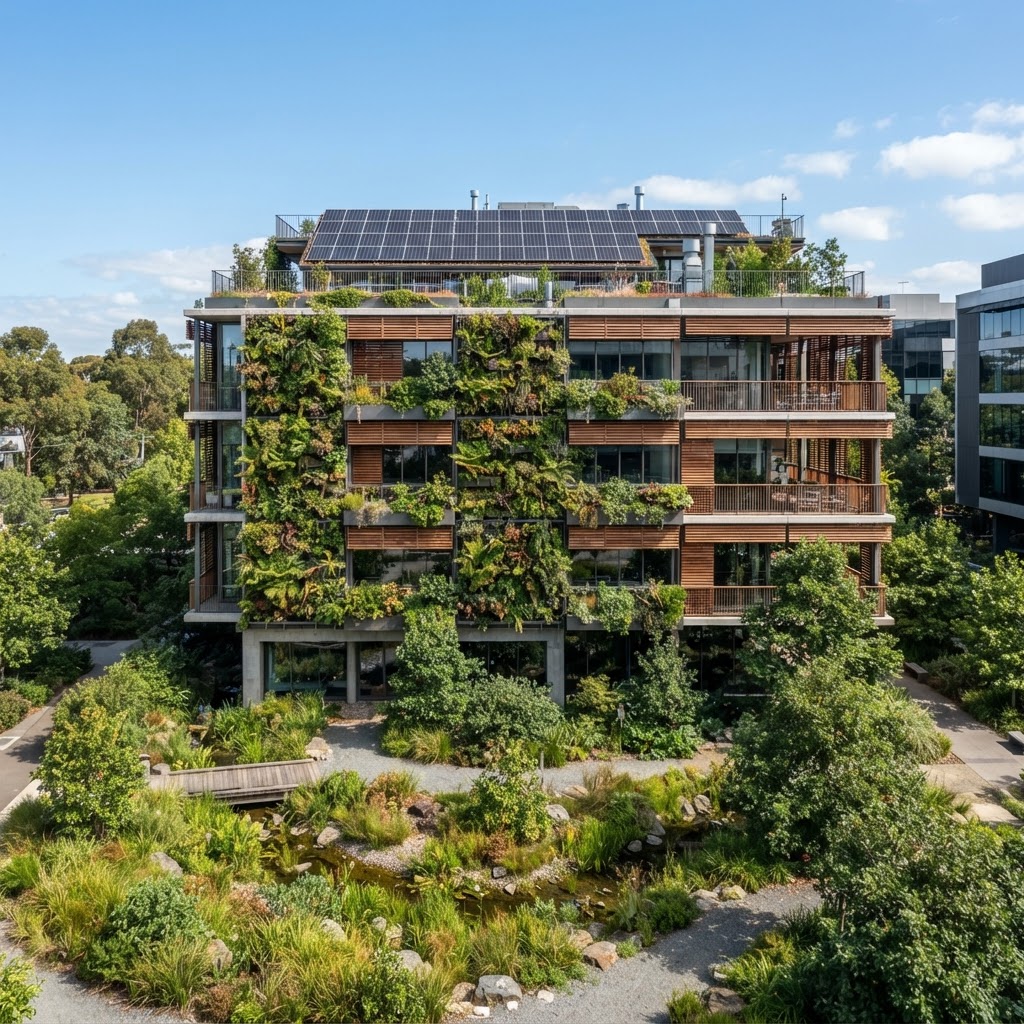 Edifício sustentável com fachada vegetal, brises de madeira, jardim de chuva e painéis solares