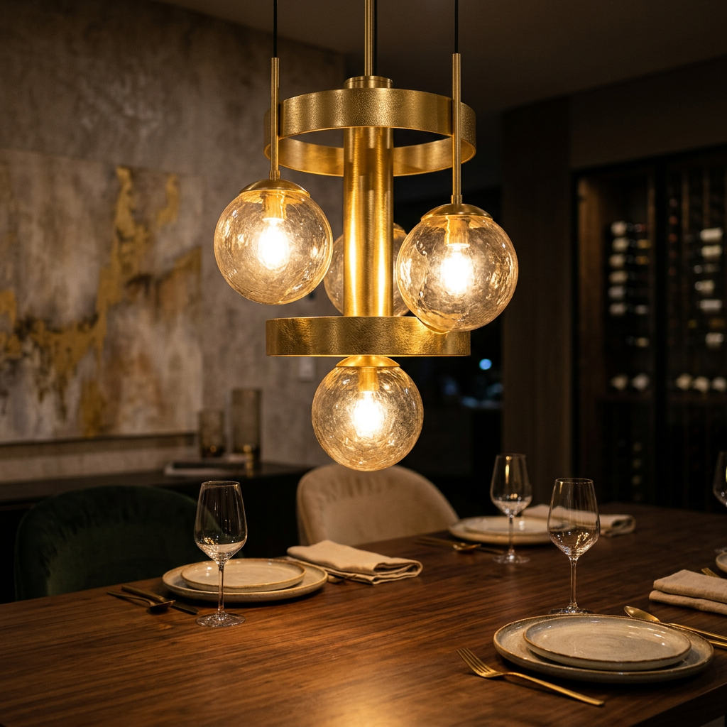 Detalhe de luxo em iluminação dourada incorporando materiais naturais
