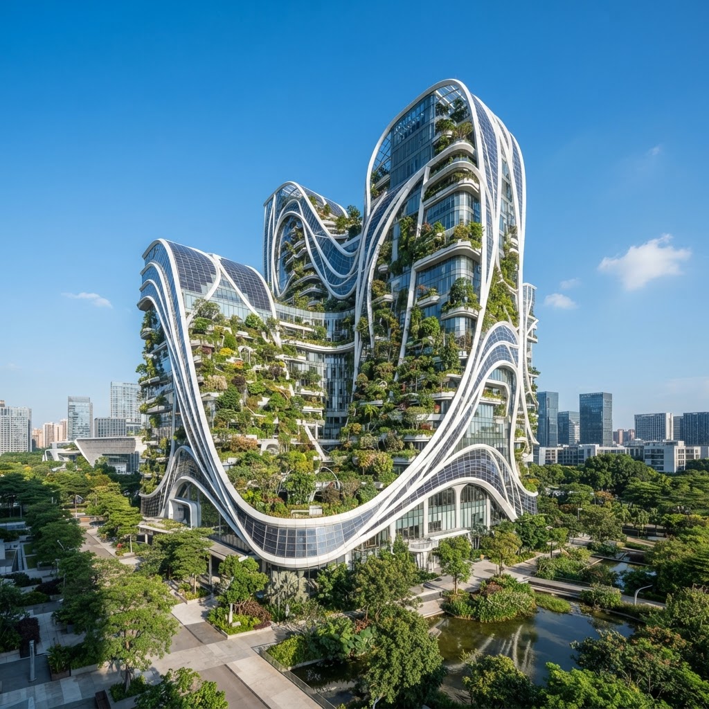 Edifício futurista sustentável com jardins verticais, painéis solares e fachada paramétrica branca