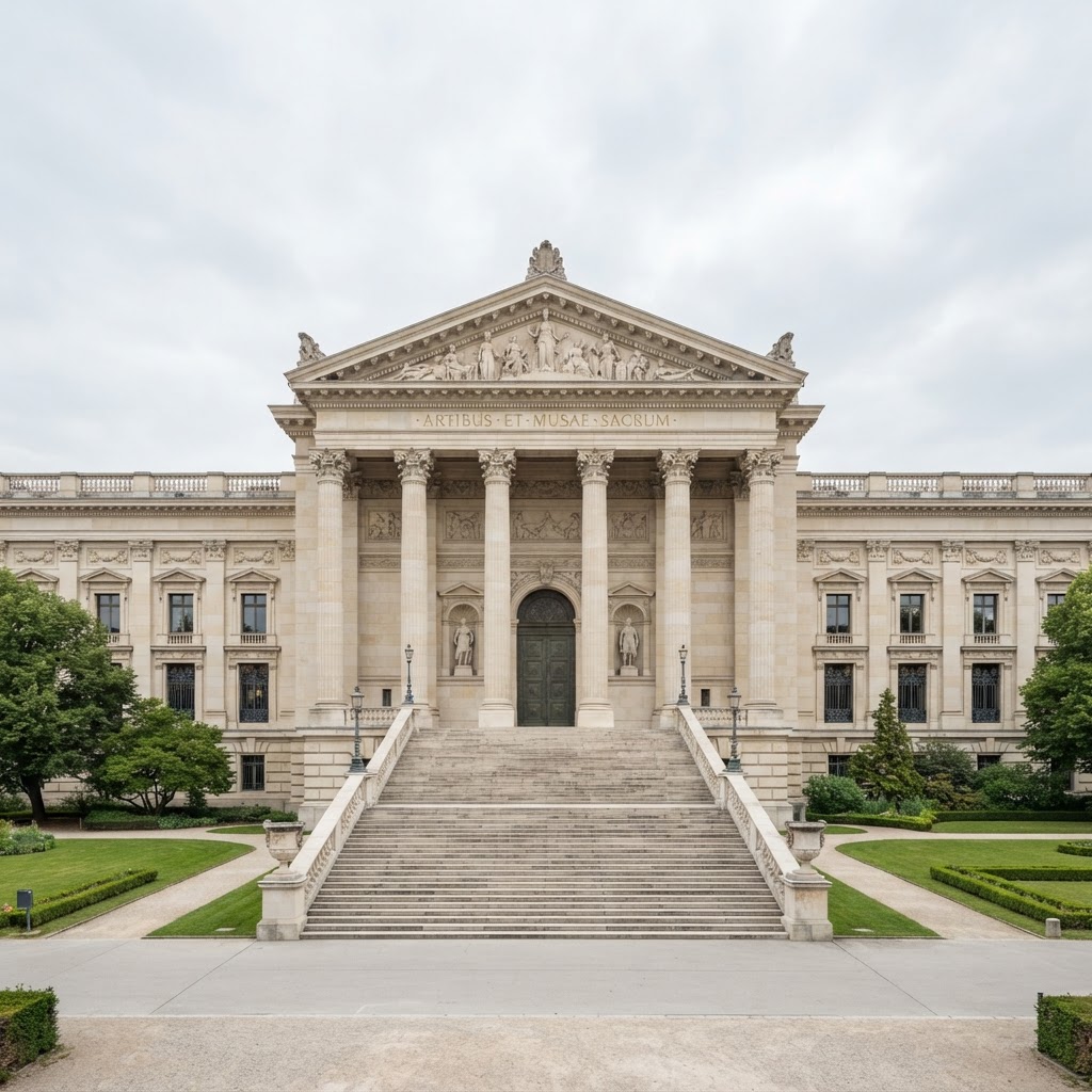 Fachada de palácio neoclássico com colunas jônicas, escadaria monumental e frontão triangular
