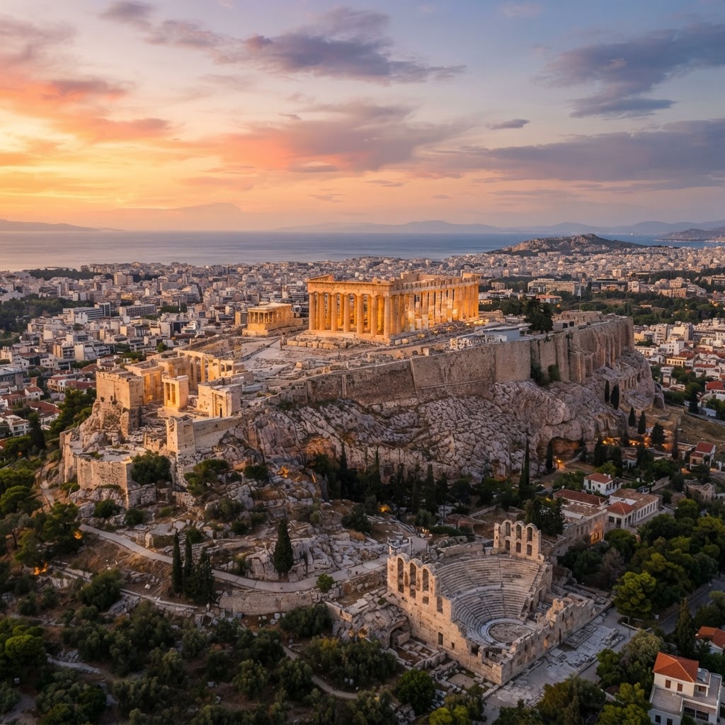 Acrópole de Atenas com o Parthenon sobre a colina ao pôr do sol