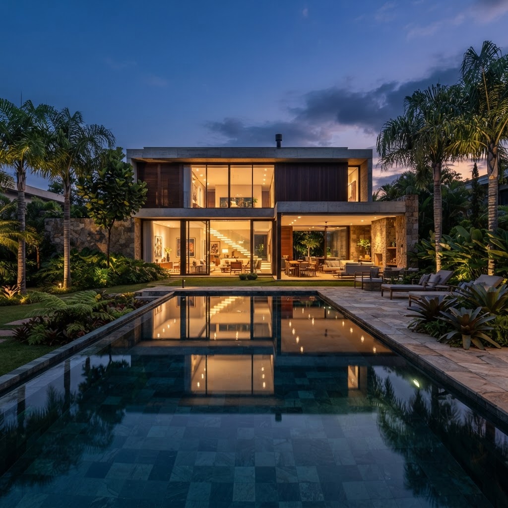 Casa moderna concluída ao anoitecer com iluminação interna quente refletida na piscina