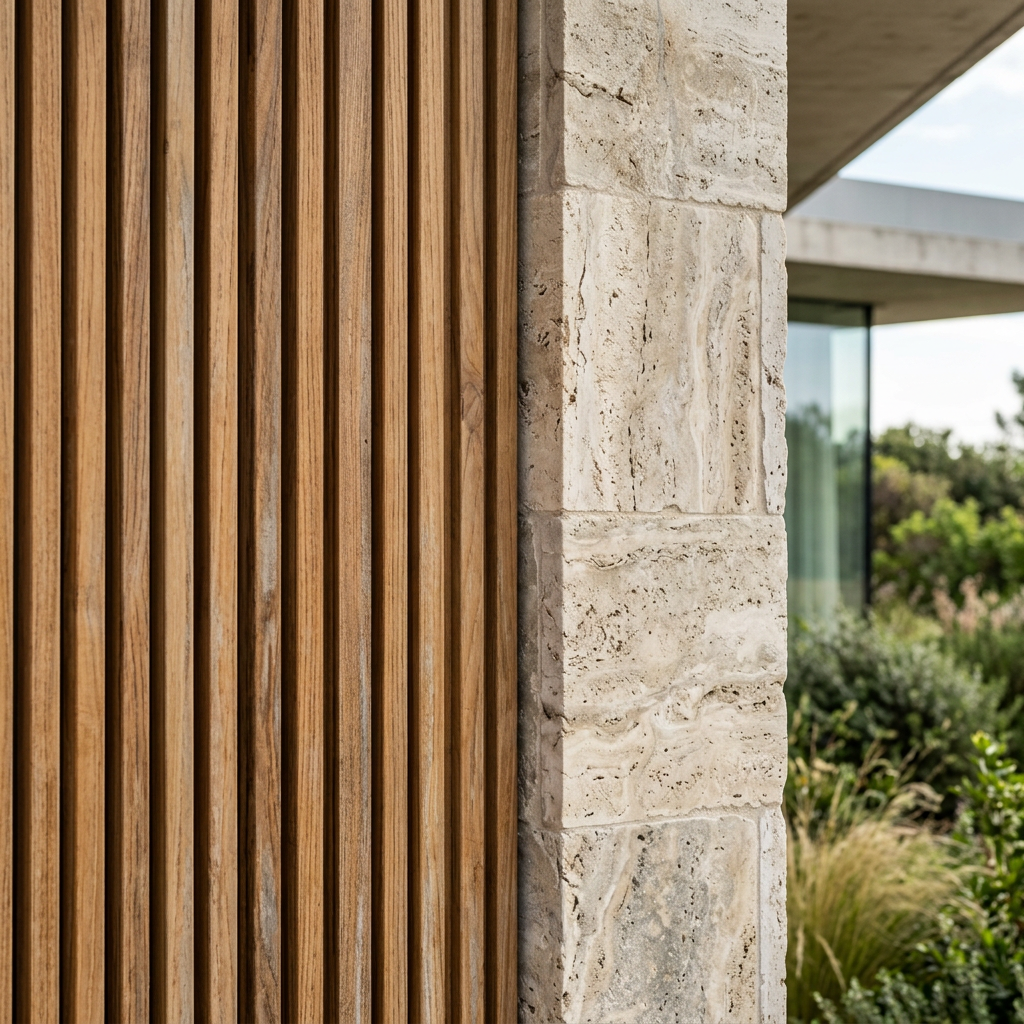 Detalhe de fachada moderna em arquitetura sustentável com tecnologia integrada.