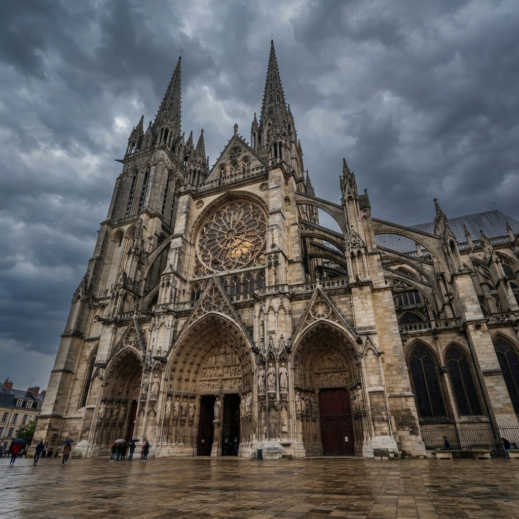 Catedral gótica com arcos quebrados, arcobotantes e rosácea sob céu nublado