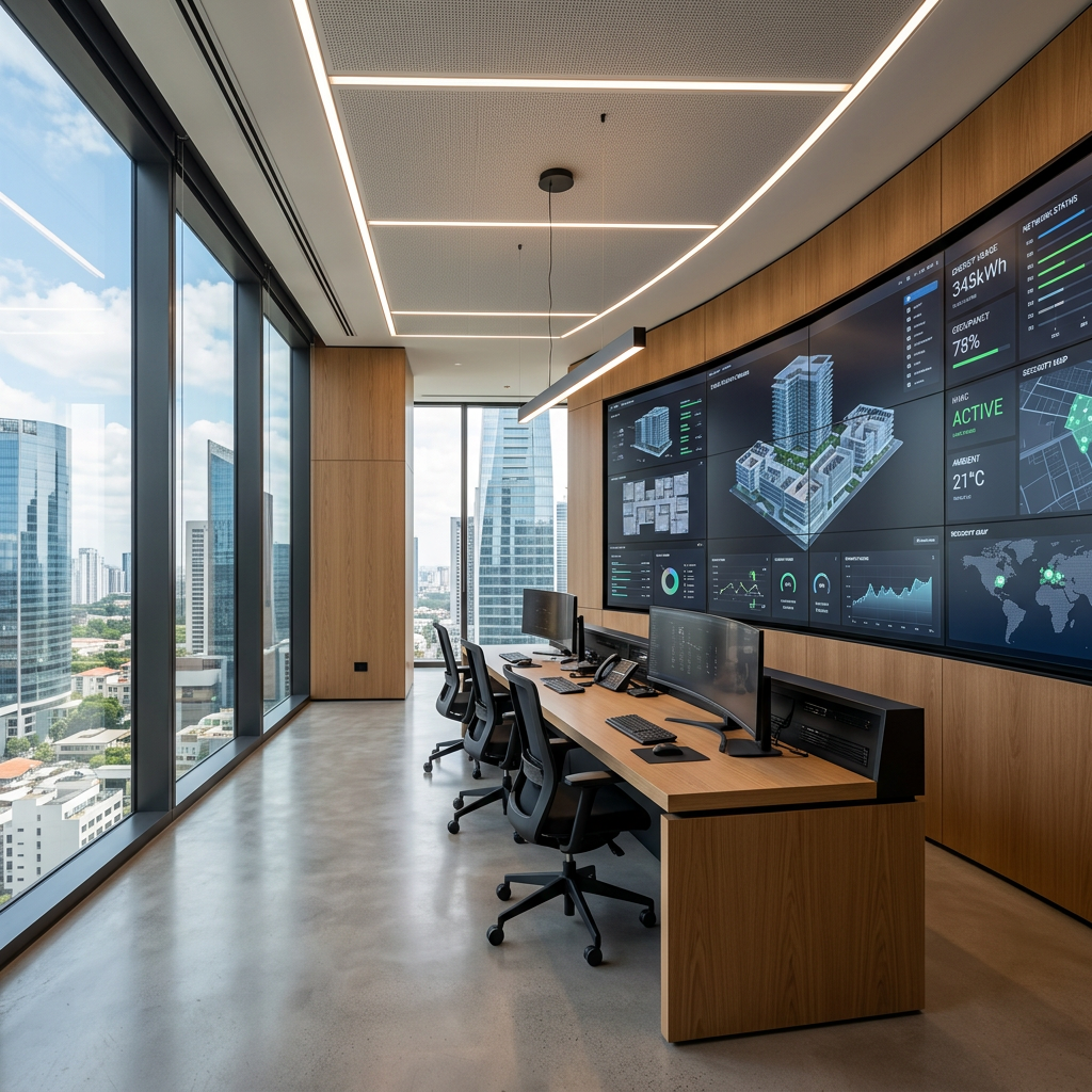 Arquitetura moderna com digital twins: paisagismo e monitoramento eficaz.