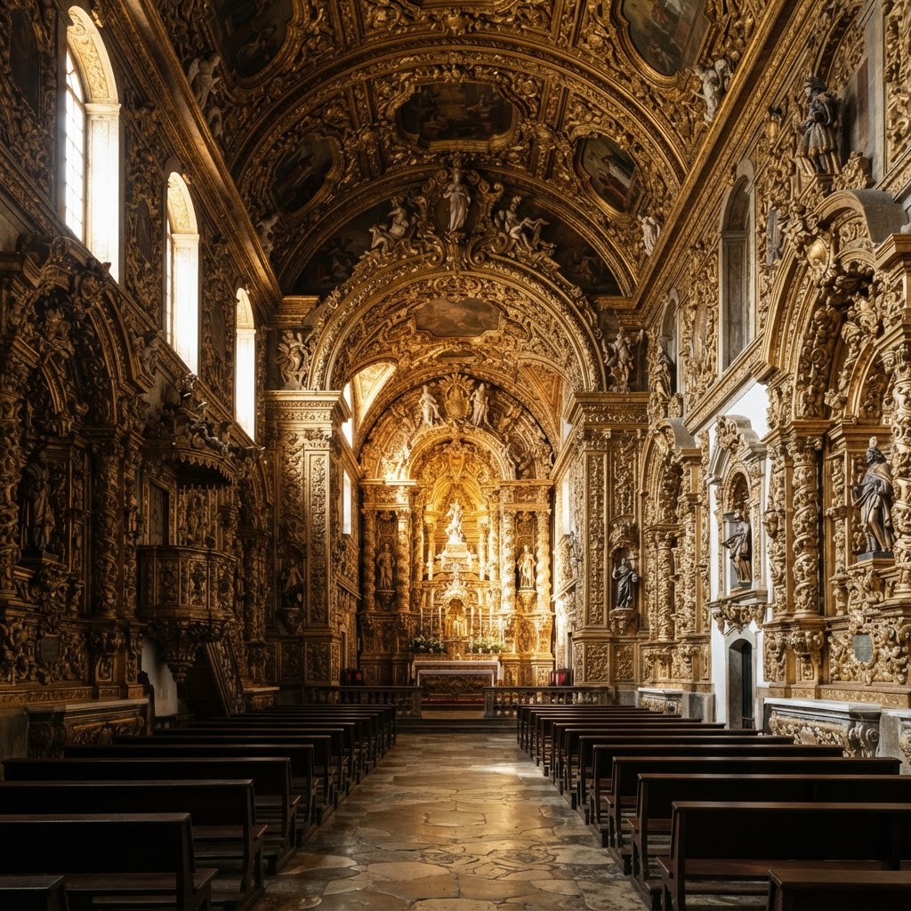 Interior de igreja barroca brasileira com talha dourada, formas curvas e luz dramática