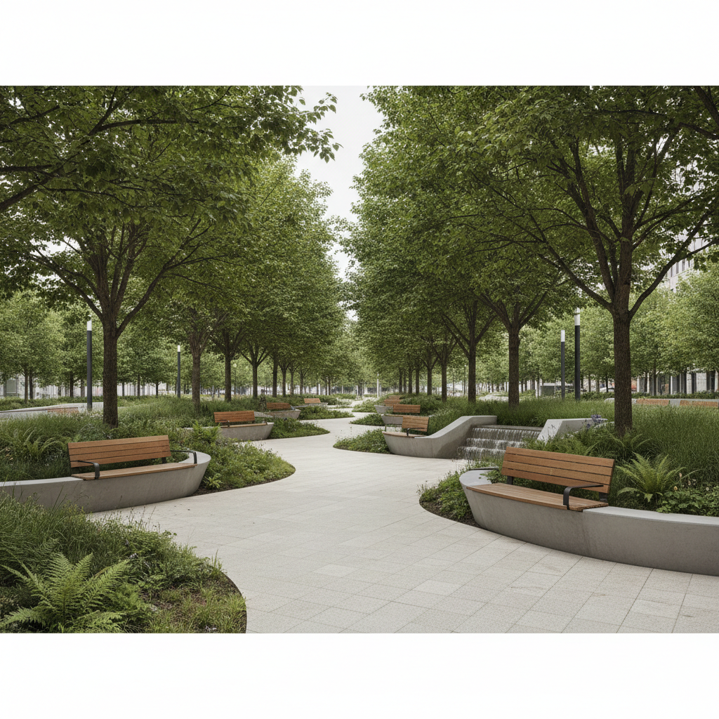 Estrutura moderna com paisagismo integrado na cidade do futuro