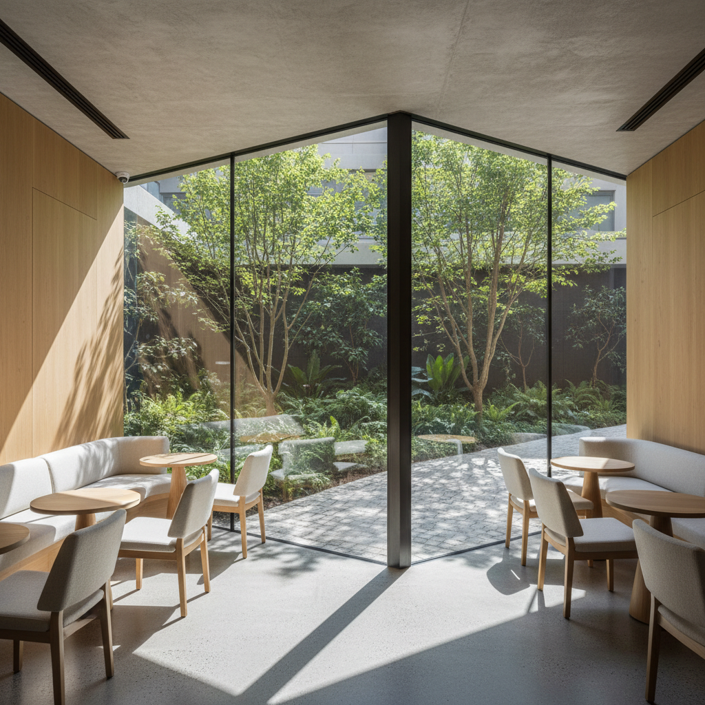 Espaço de restaurante com integração de paisagismo e arquitetura moderna.