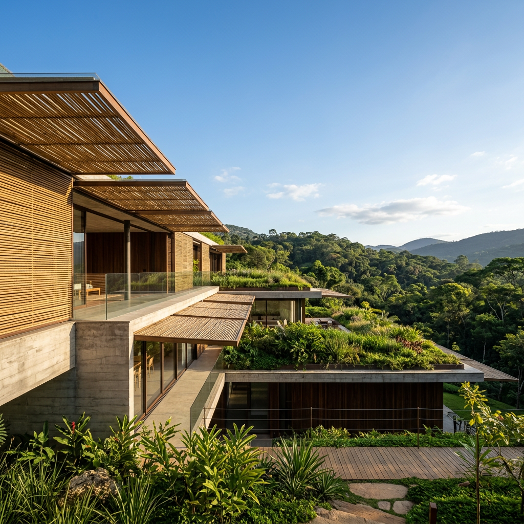 Arquitetura regenerativa - vista externa com paisagismo integrado e harmonioso.