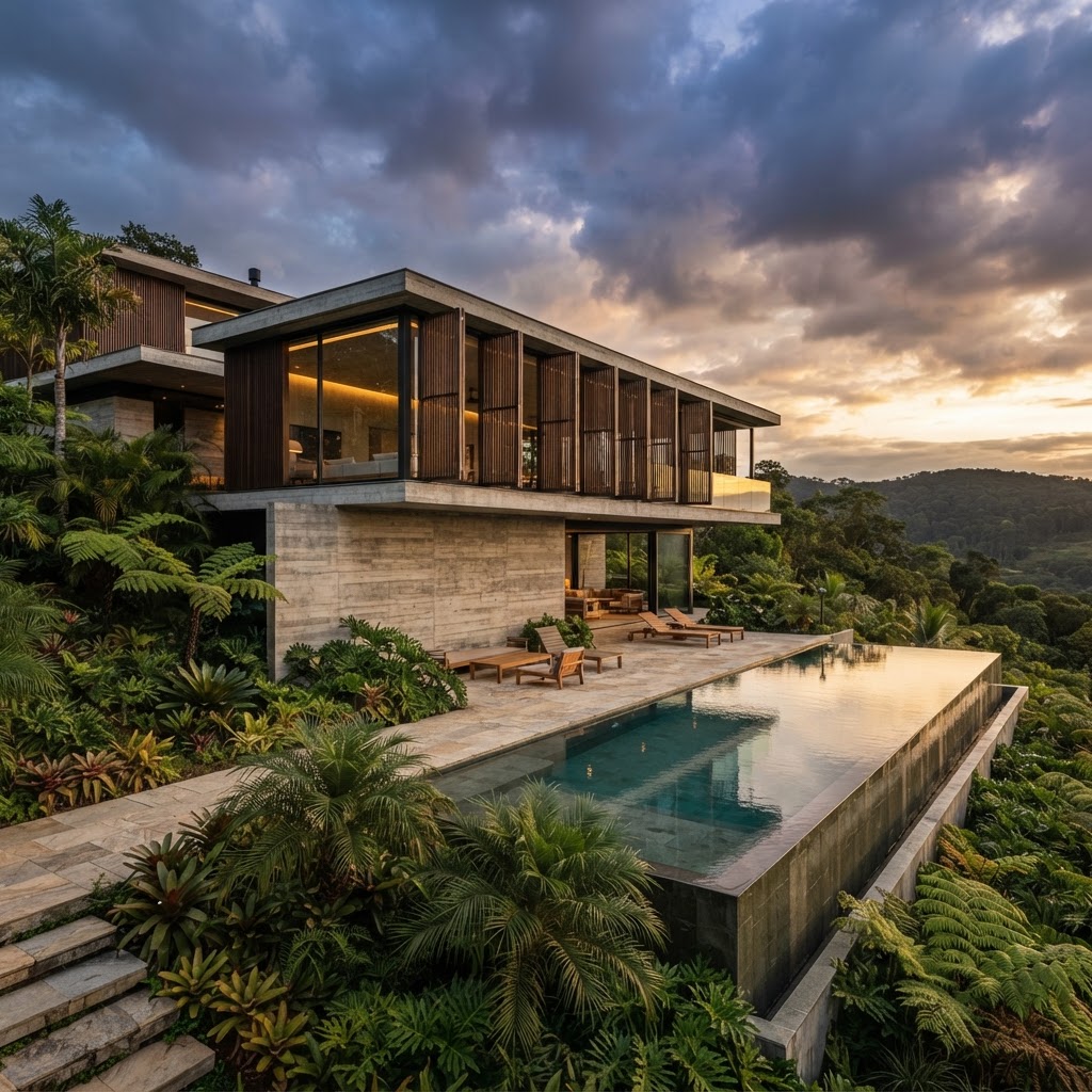 Casa moderna de alto padrão com volumes de concreto e vidro, piscina e vegetação tropical ao pôr do sol