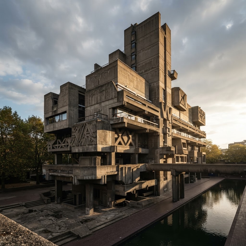 Edifício brutalista de concreto armado aparente com volumes angulares e sombras profundas