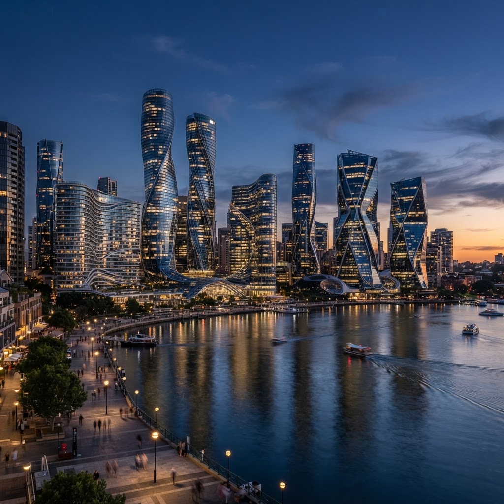 Skyline contemporâneo com torres paramétricas de vidro e formas orgânicas ao anoitecer