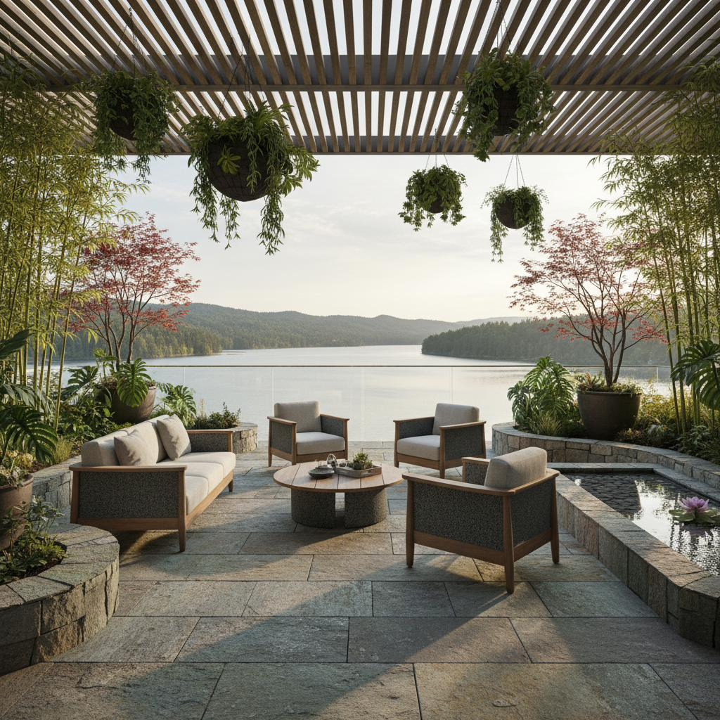 Residência sustentável com design elegante e paisagismo natural integrado.