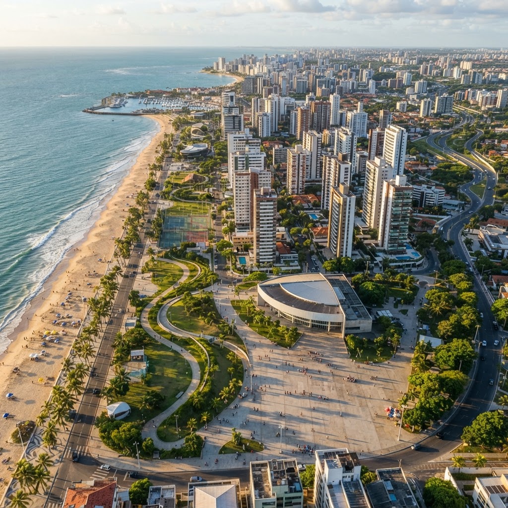 Vista aérea de orla urbana planejada com parques, quadras residenciais e praça pública