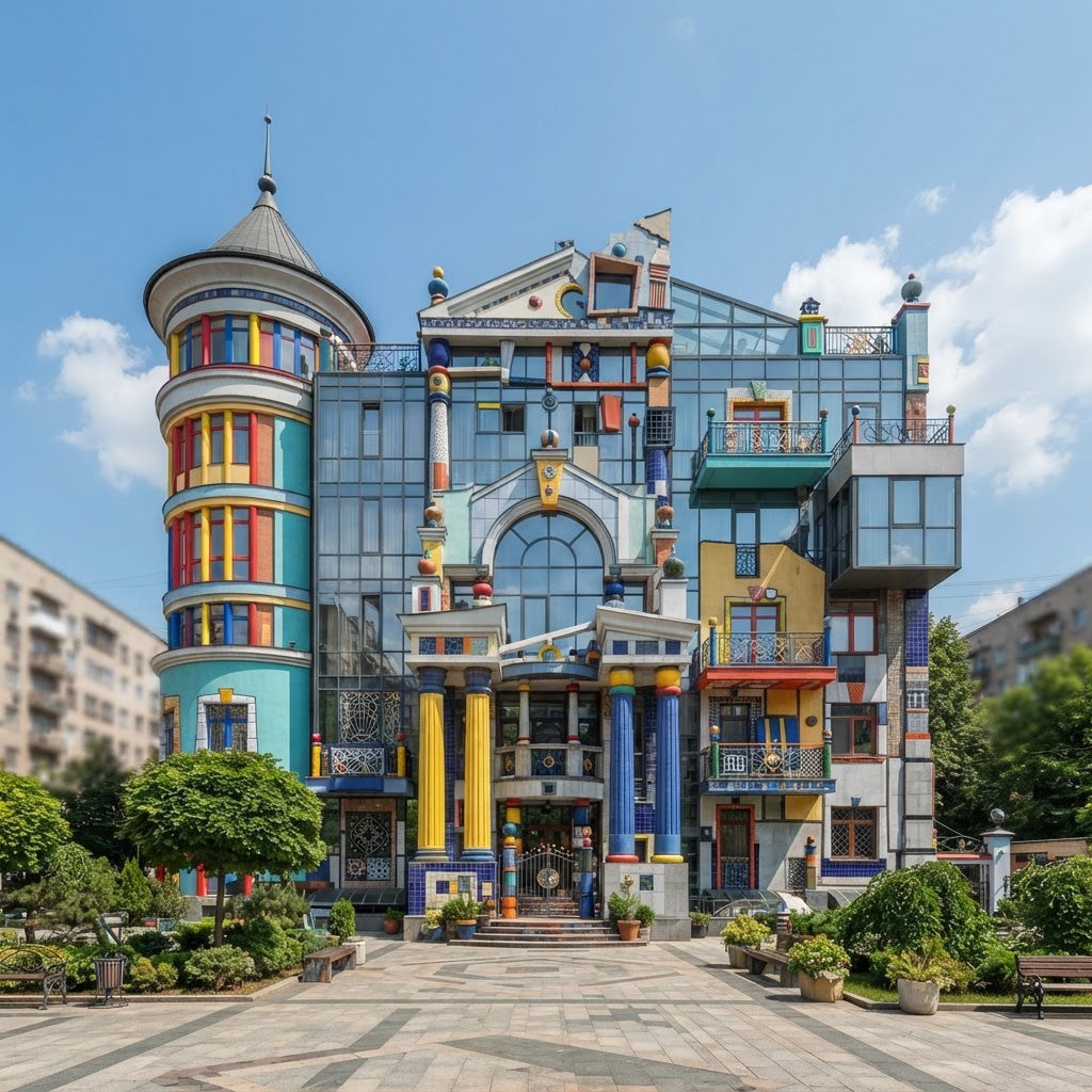 Edifício pós-moderno colorido misturando colunas clássicas decorativas e vidro contemporâneo