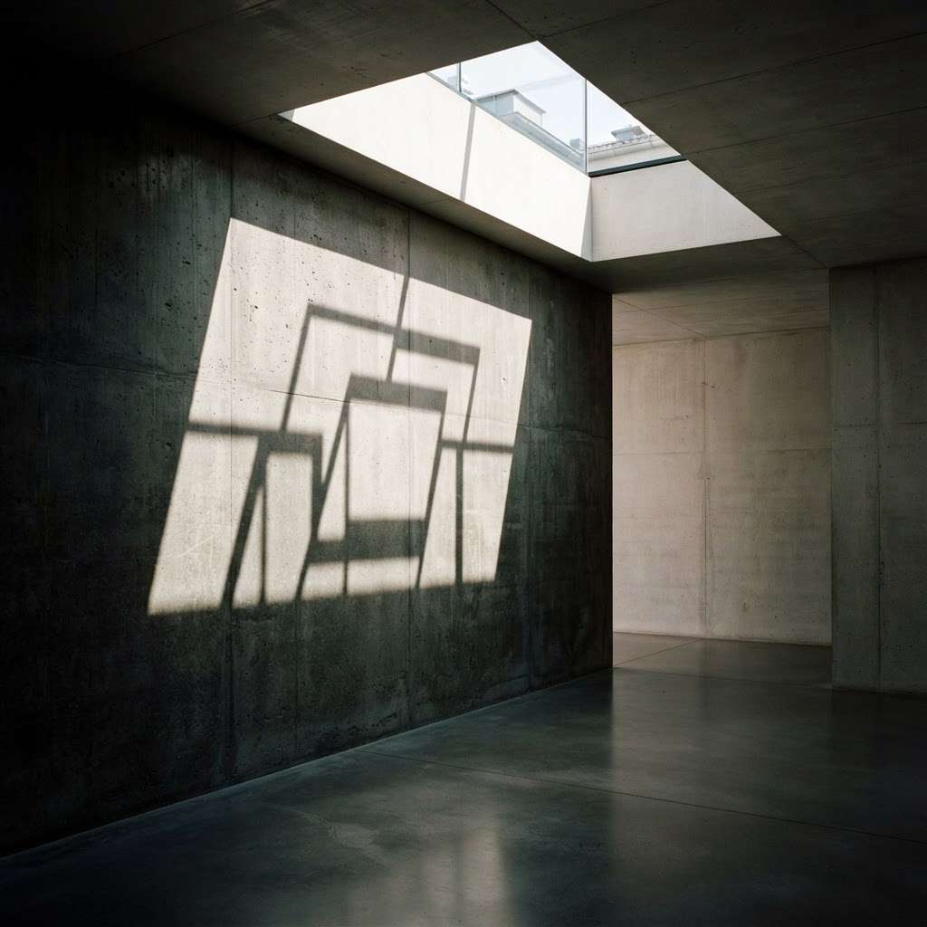Luz entrando por um domo em interior de concreto minimalista, desenhando sombras geométricas na parede