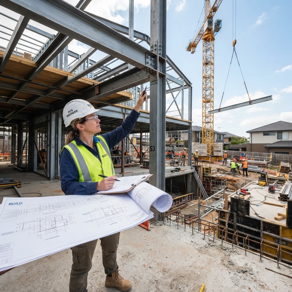 Engenheiro verificando a estrutura de aço em canteiro de obras com planta arquitetônica em primeiro plano