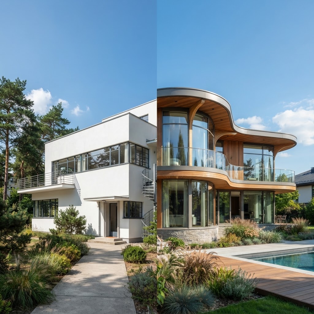 Comparativo visual: villa modernista branca à esquerda e casa contemporânea curva de vidro e madeira à direita