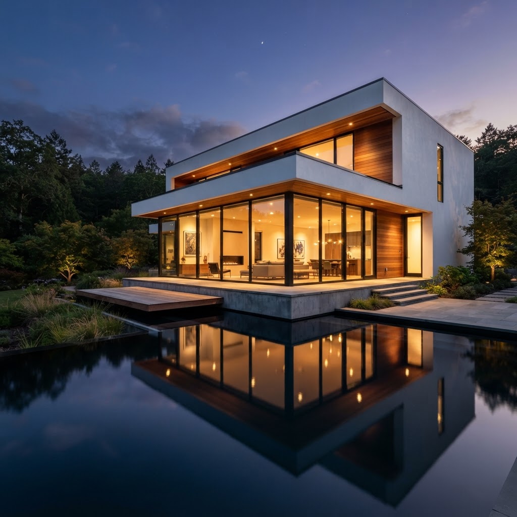 Casa contemporânea minimalista com vidros do chão ao teto, volumes brancos e espelho de água ao anoitecer
