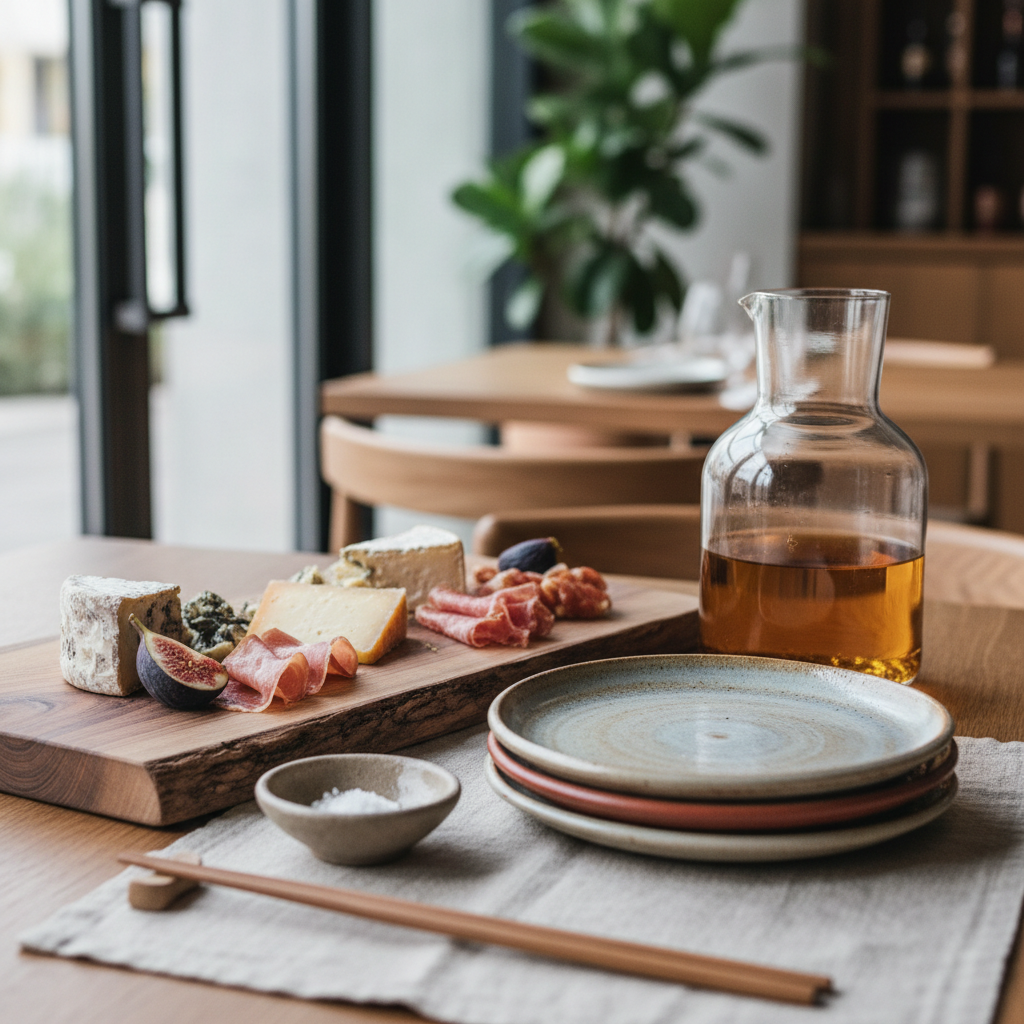 Arquitetura contemporânea com materiais nobres e acabamentos refinados em ambiente de restaurante.