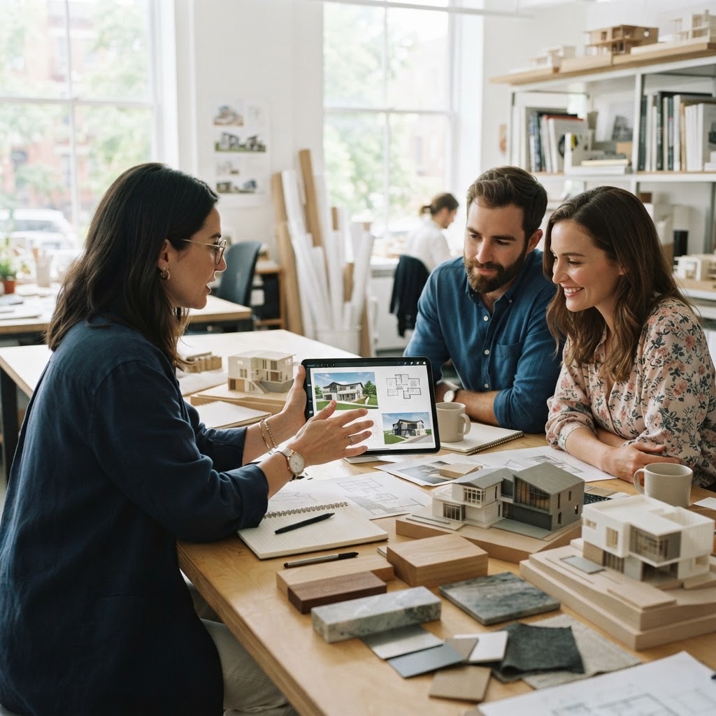 Arquiteto apresentando opções de projeto em tablet, com maquetes físicas e amostras de materiais na mesa