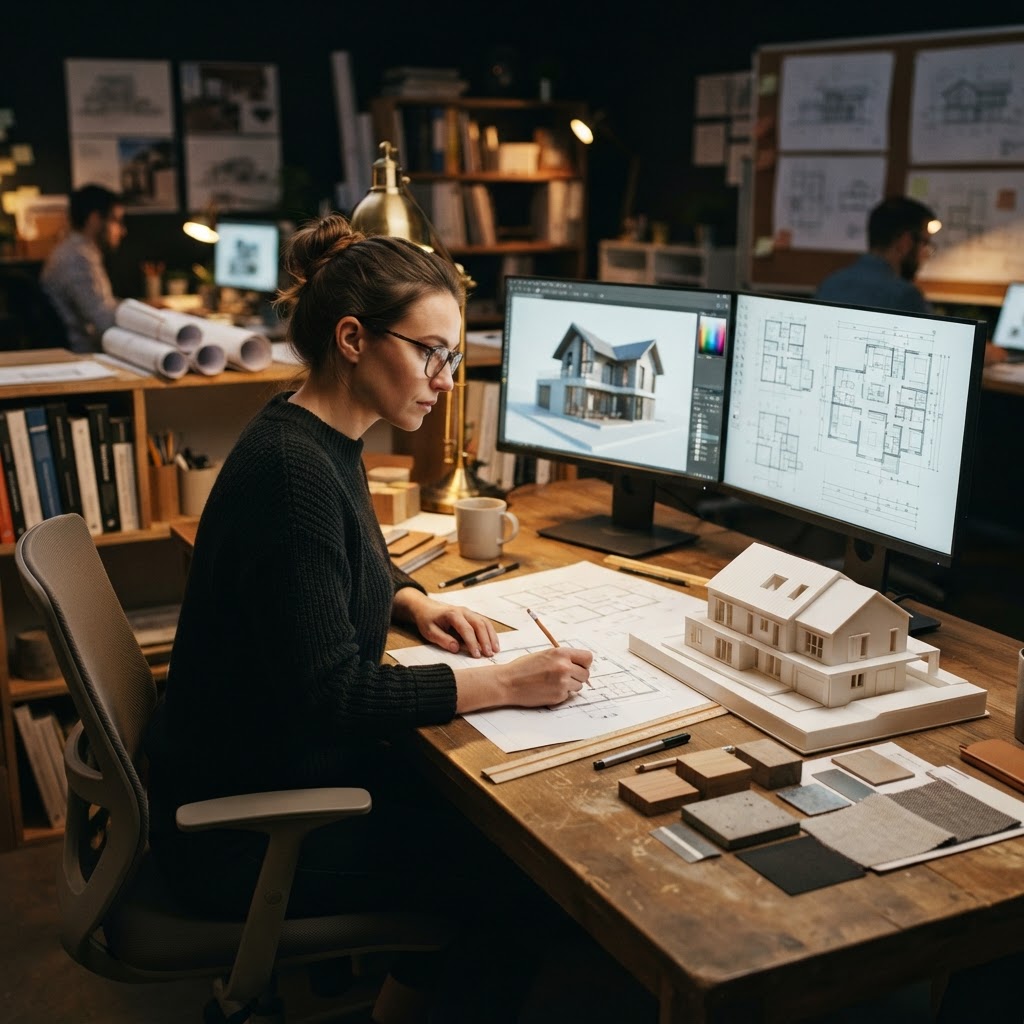 Arquiteto trabalhando com modelo 3D de casa nas telas e maquete física sobre a mesa