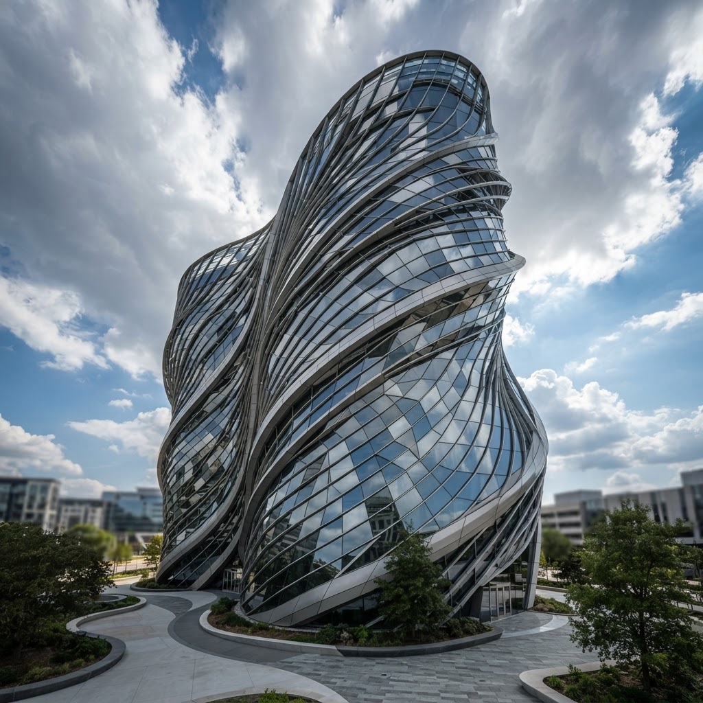 Edifício contemporâneo com fachada paramétrica de curvas orgânicas em metal e vidro