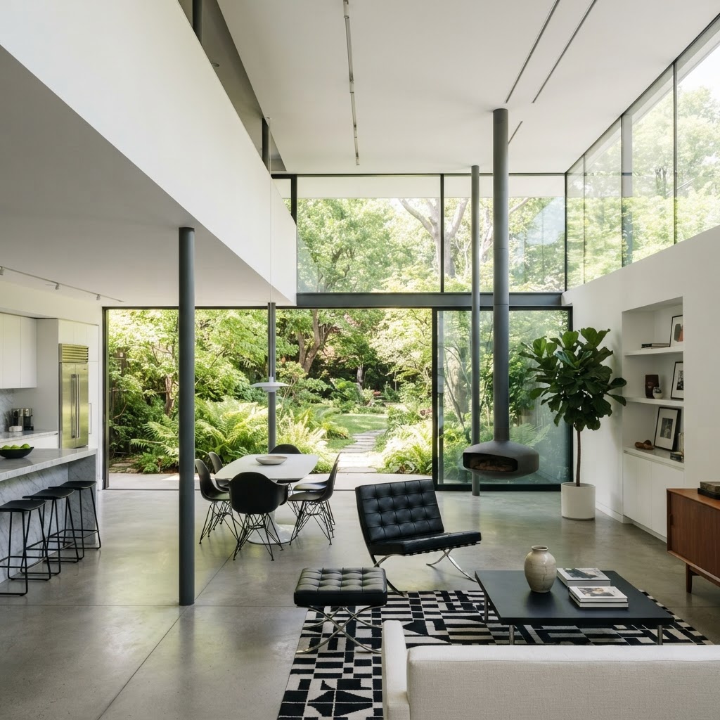 Interior modernista com planta livre, colunas finas e parede de vidro integrando o jardim