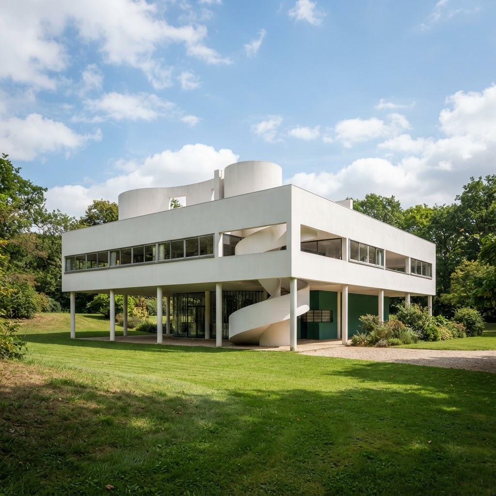 Casa modernista icônica com paredes curvas brancas, rampa escultural e pilotis