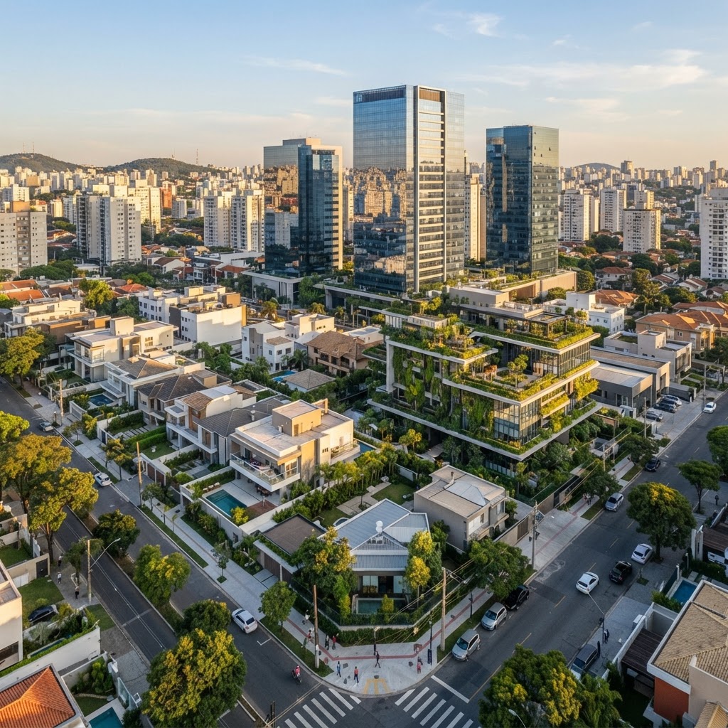 Quadra urbana vista de cima reunindo casas residenciais, torres comerciais e edifício contemporâneo