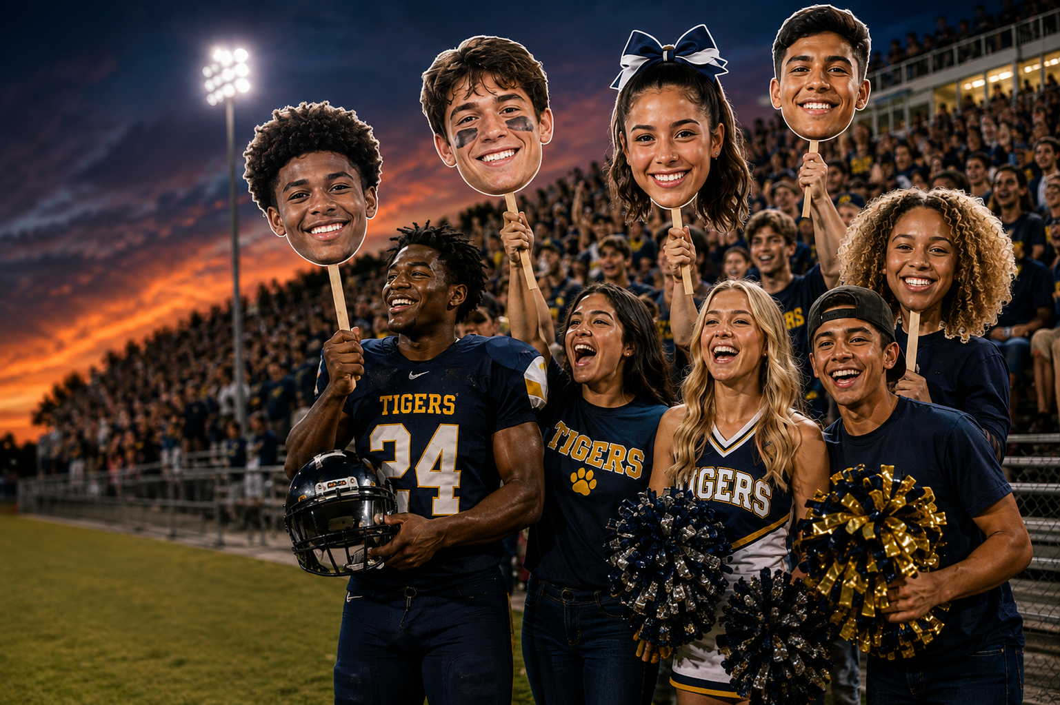 Fans holding custom FunHeadz cutouts at a game